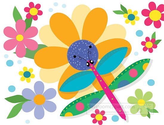 dragon fly with bright spring flowers clipart