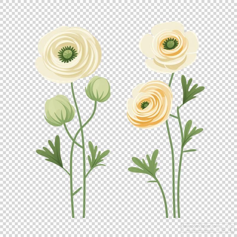 Draw of Ranunculus Flowers With Leaves in Vector Style