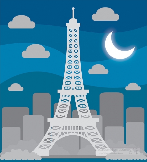 eiffel tower paris france at night with moon gray clipart