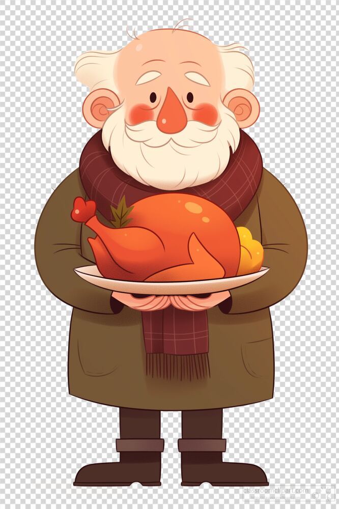 Elderly Man in a Scarf Holding a Dish of Roasted Turkey