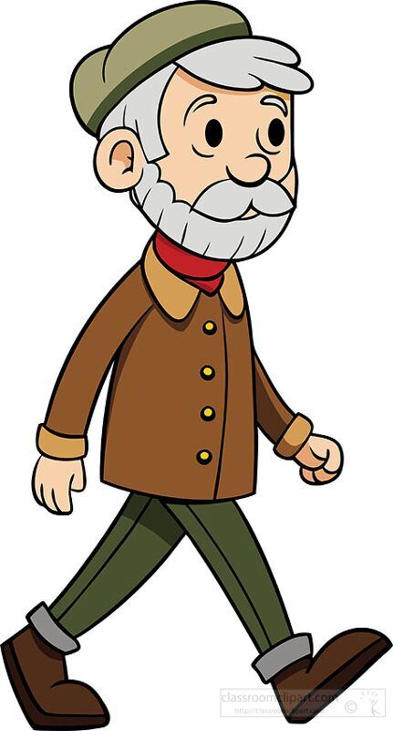 elderly man with a gray beard wearing a brown coat green pants a