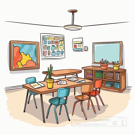 elementary school classroom with table chairs colorful cartoon s