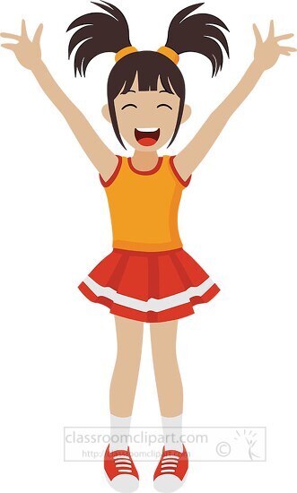 energetic asian cheerleader in red and orange outfit with pigtai
