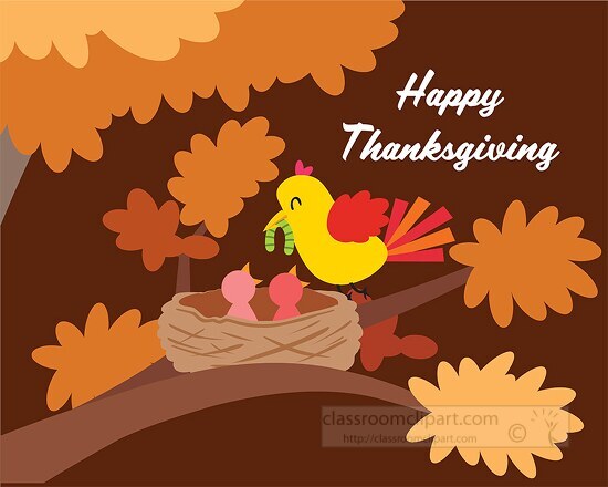 fall tree with baby birds wishing happy thanksgiving clipart