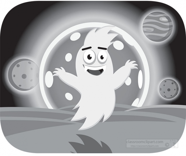 fantasy cartoon of cute yellow ghost smiling cute planets in bac