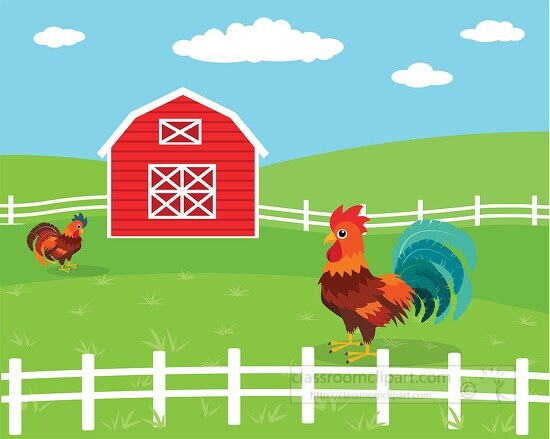 farm with barn two chickens near white fence clipart