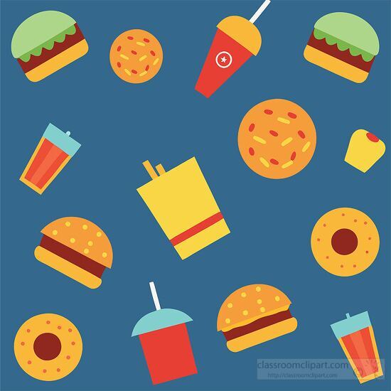 fast food icons including pizza deserts doughnuts fries and drin