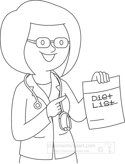 female doctor showing diet list black outline