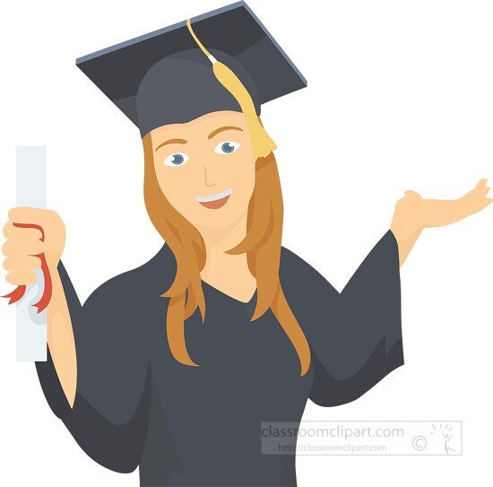 female graduate holding diploma wearing cap gown clipart