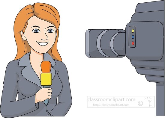 female reporter holding mic in front of camera clipart