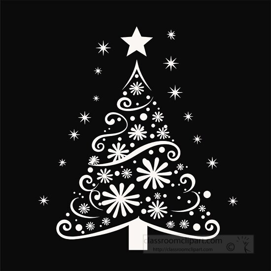 Festive tree illustration white botanical designs on a dark back