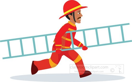 firefighter wearing bunker gear running with ladder clipart.