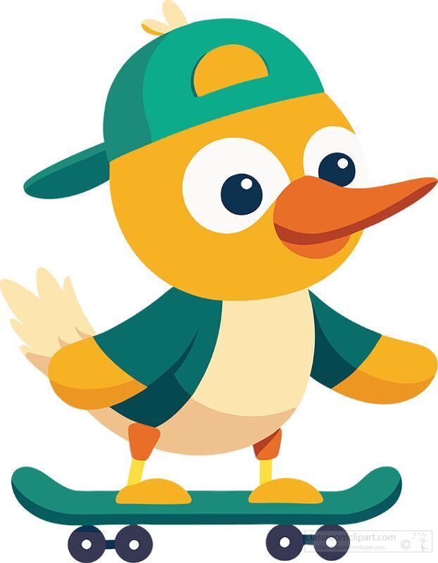 flat design duck wearing a baseball hat riding a skateboard