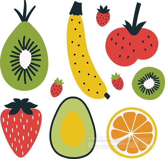 Flat design icons of kiwi banana strawberry avocado and lemon wi