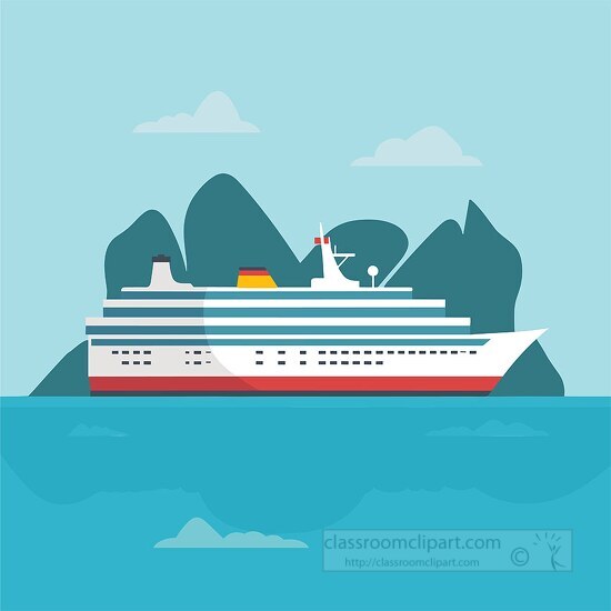 flat design passenger cruise ship near a rocky island