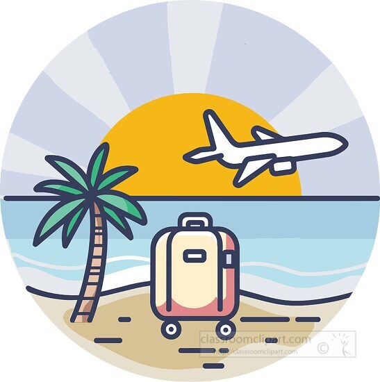 Flat icon of a tropical scene with a plane suitcase and palm tre