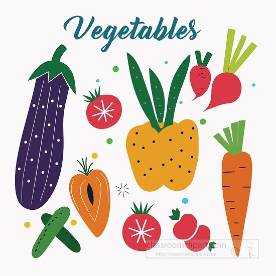 flat style illustration of colorful vegetables on a white backgr