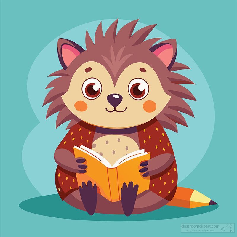 fluffy hedgehog with a spotted belly reads a book