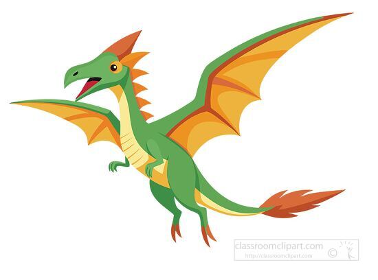 flying green prehistoric dinosaur with long orange tail