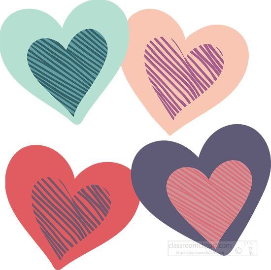 four colorful heart shapes with striped patterns