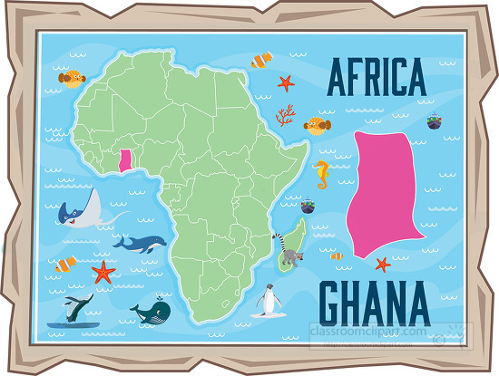 framed illustration african continent with map of ghana with ani