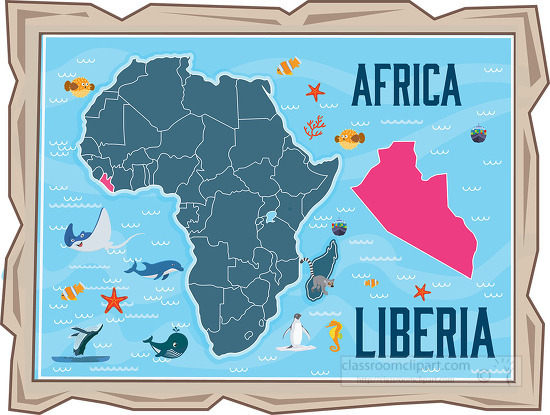 framed illustration african continent with map of liberia with o