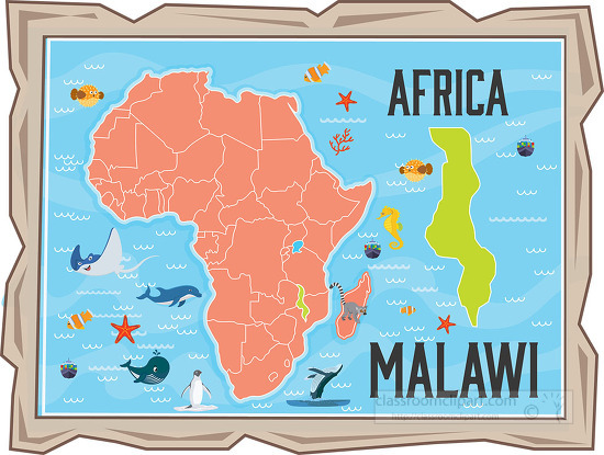 framed illustration african continent with map of malawi with an