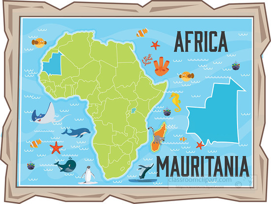 framed illustration african continent with map of mauritania wit