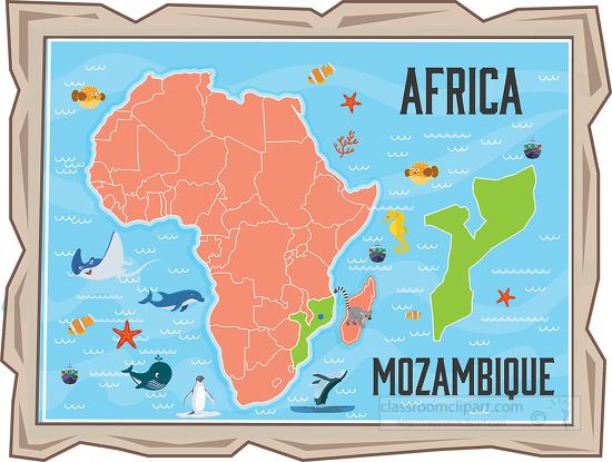 framed illustration african continent with map of mozambique wit