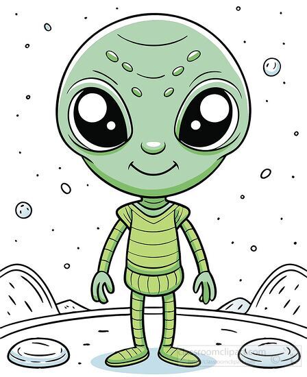 friendly cartoon green alien standing on the moon