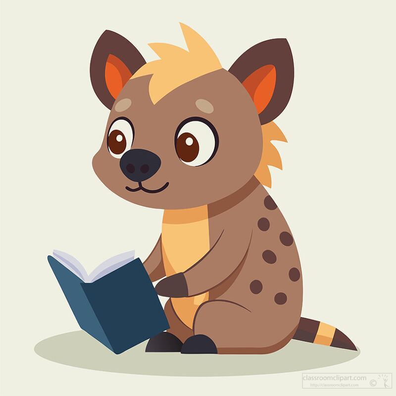 friendly hyena with a light mane reads a blue book