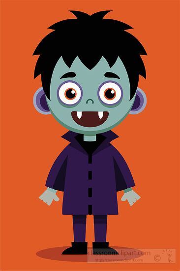 friendly looking zombie kid with big eyes and a dark Halloween costume