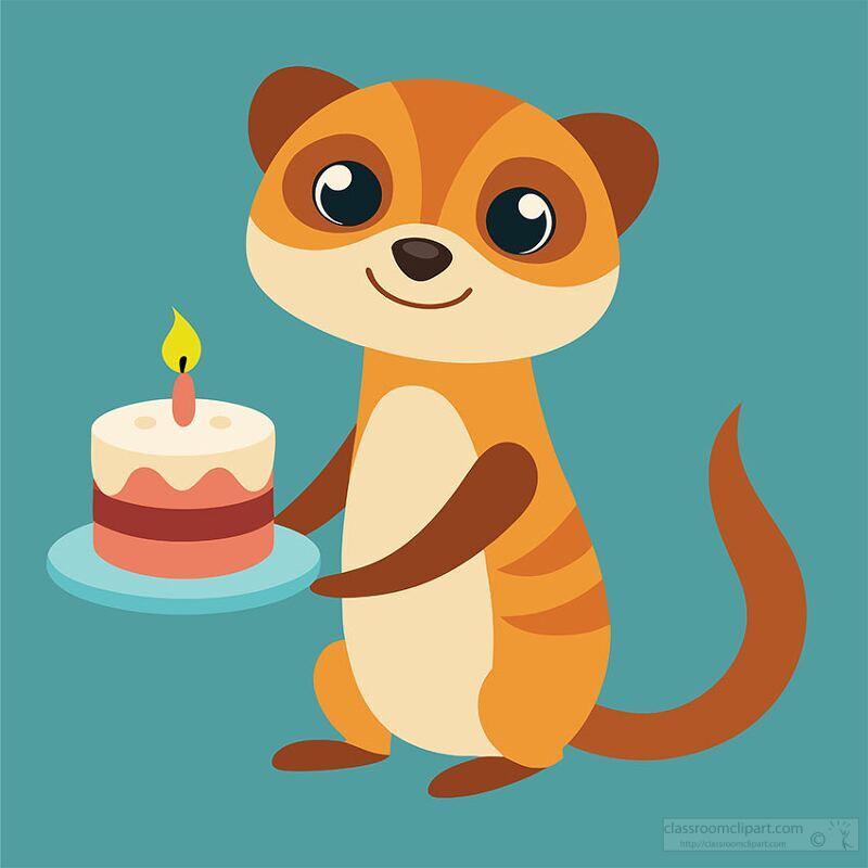 friendly meerkat holds a small birthday cake and candle