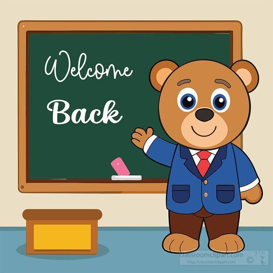 friendly teddy bear dressed as a teacher stands in a classroom