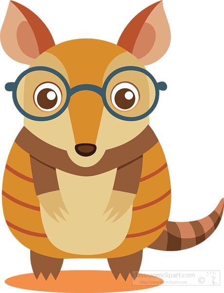 front facing armadillo with big glasses looks curiously forward 