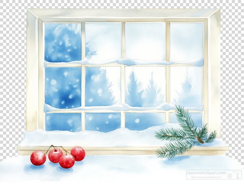 Frosty Window With Winter Berries and Tranquil Scenery