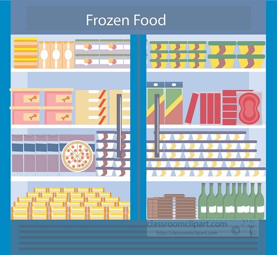 frozen food in the freezer at grocery store clip art