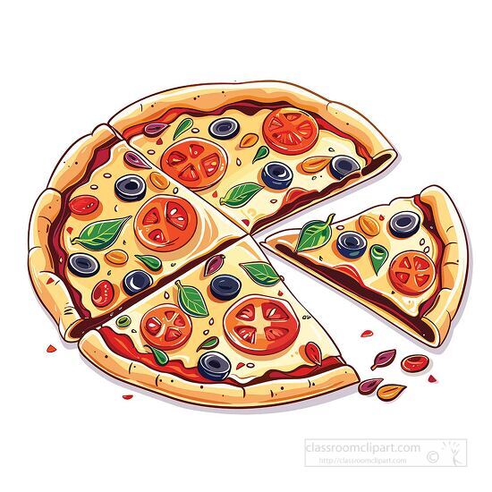 full pizza with colorful toppings and one slice missing