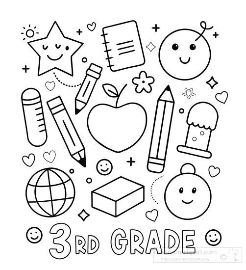 fun mix of school tools and cute icons with text third grade black outline printable clipart