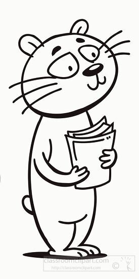 funny cartoon line drawing of a cat reading a book