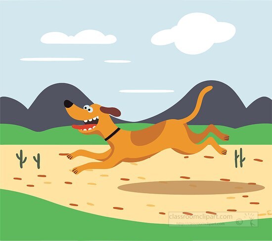 funny dog running in a park with hills in the backgroundy
