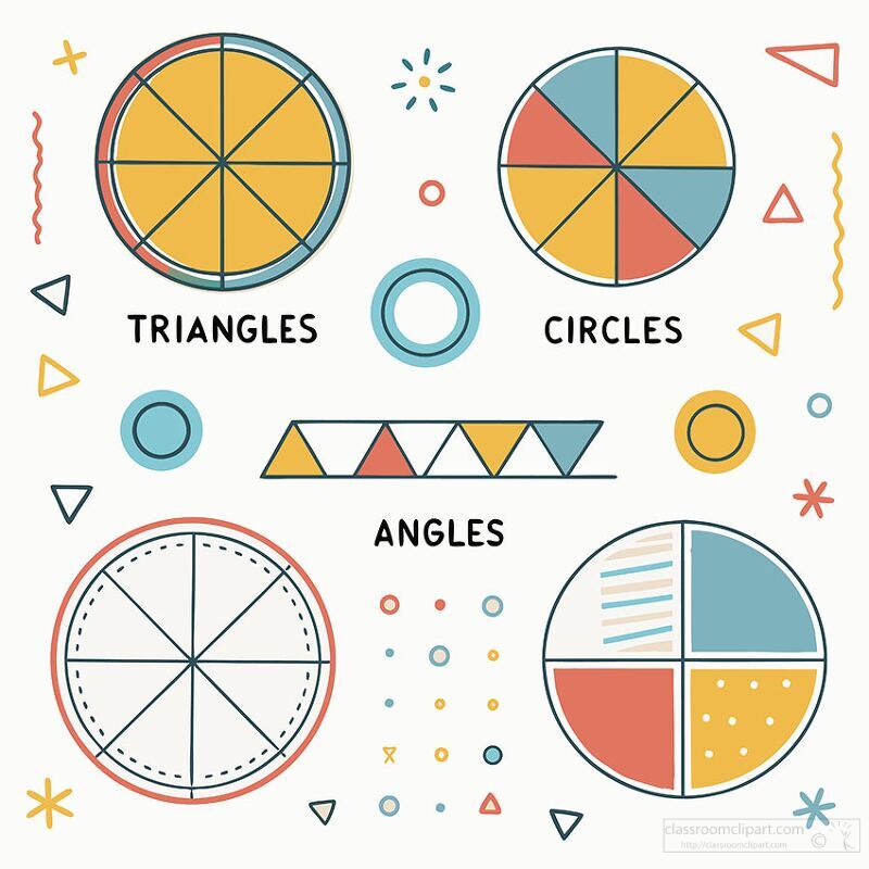 Illustration of geometry diagrams with triangles, circles, and pie charts