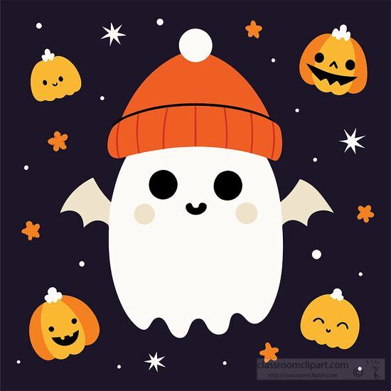 ghost with a beanie and pumpkins for hallloween