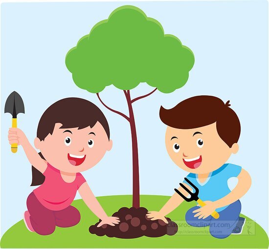 girl and boy planting small tree earth day clipart
