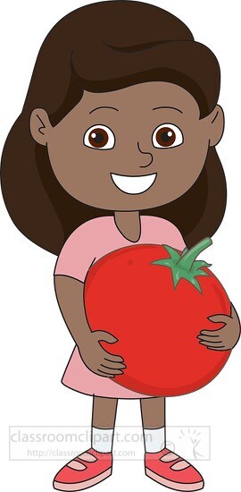 girl cartoon character holding large red tomato