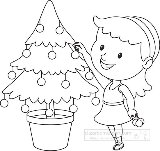 girl decorating christmas tree black outline