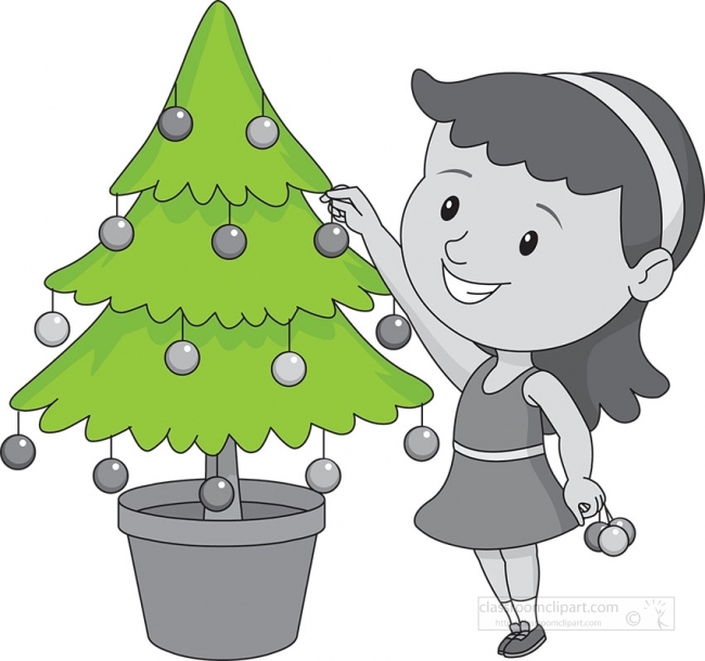 girl decorating christmas tree gray color clipart