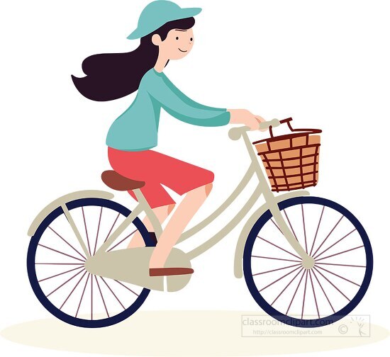 girl happily rides her bike with a front basket
