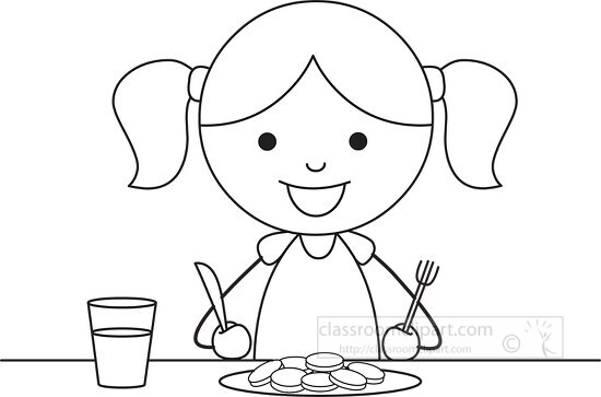 girl having snack holding knife and fork black outline clipart