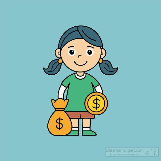 girl holding a big coin and a money bag